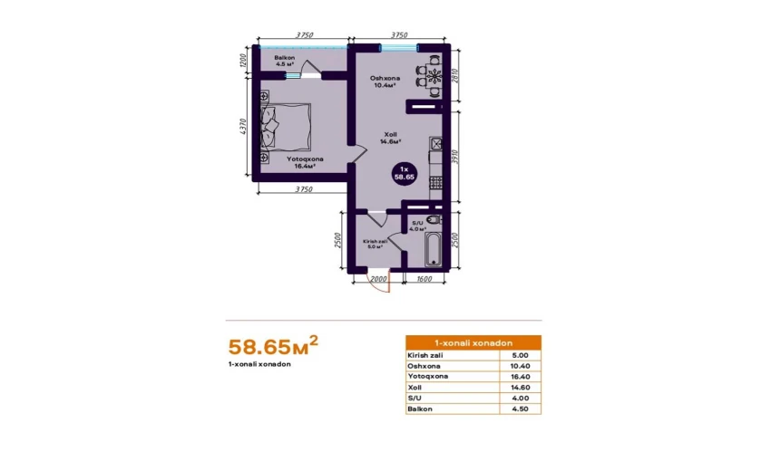 1-комнатная квартира 58.65 м²  11/16 этаж | Жилой комплекс TURON