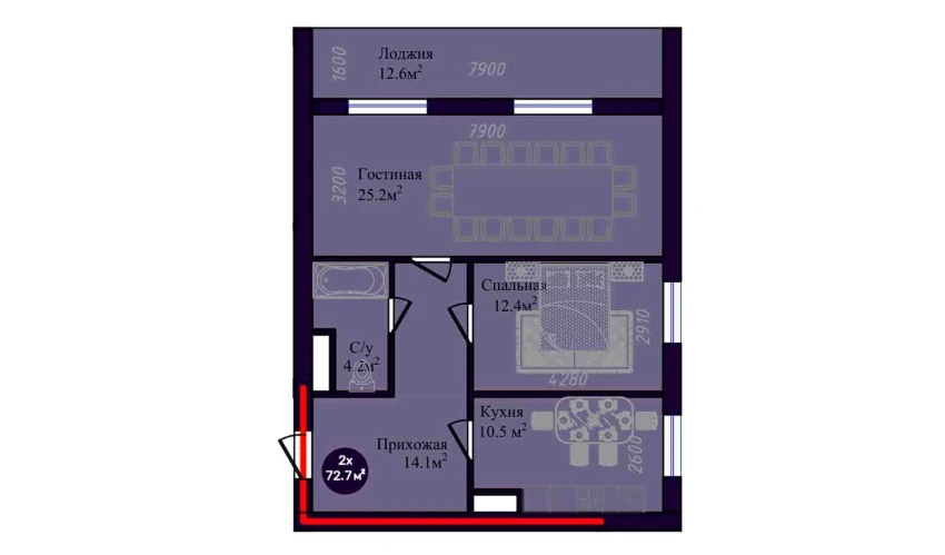 2-xonali xonadon 72.7 m²  6/9 qavat | Navruz Avenue Turar-joy majmuasi