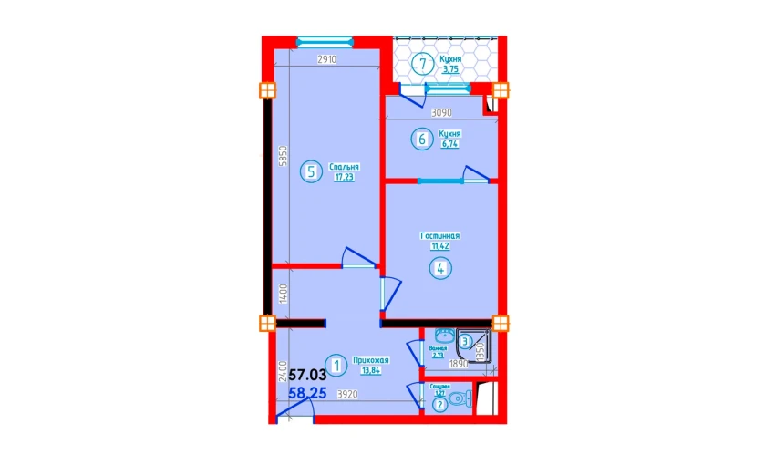 2-комнатная квартира 58.25 м²  8/12 этаж | Жилой комплекс S-Tower