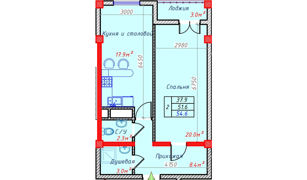 2-xonali xonadon 54.6 m²  8/9 qavat | Hakimi Towers Turar-joy majmuasi