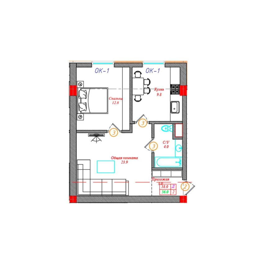 2-комн. квартира 58 м²  4/12 этаж | Жилой комплекс CHINARA PARK