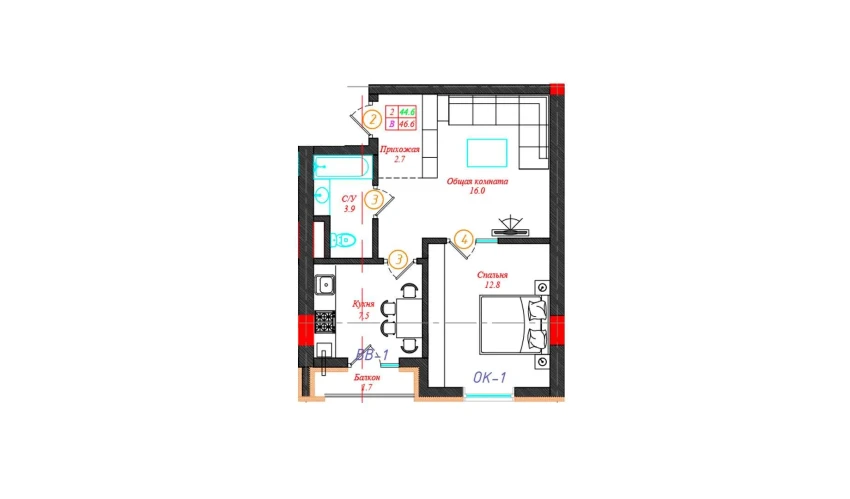 2-комнатная квартира 46.6 м²  9/12 этаж | Жилой комплекс CHINARA PARK