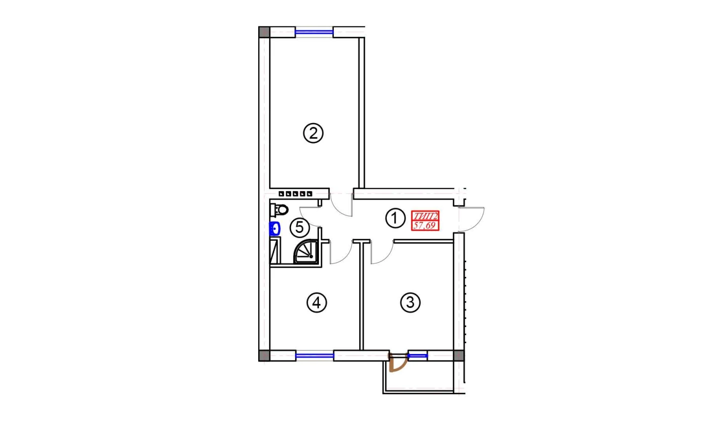 2-xonali xonadon 57.69 m²  5/5 qavat | BATOSH Turar-joy majmuasi