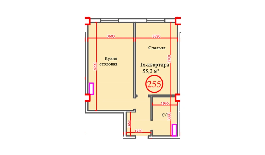 1-xonali xonadon 55.3 m²  1/14 qavat | Al-Barakat Turar-joy majmuasi