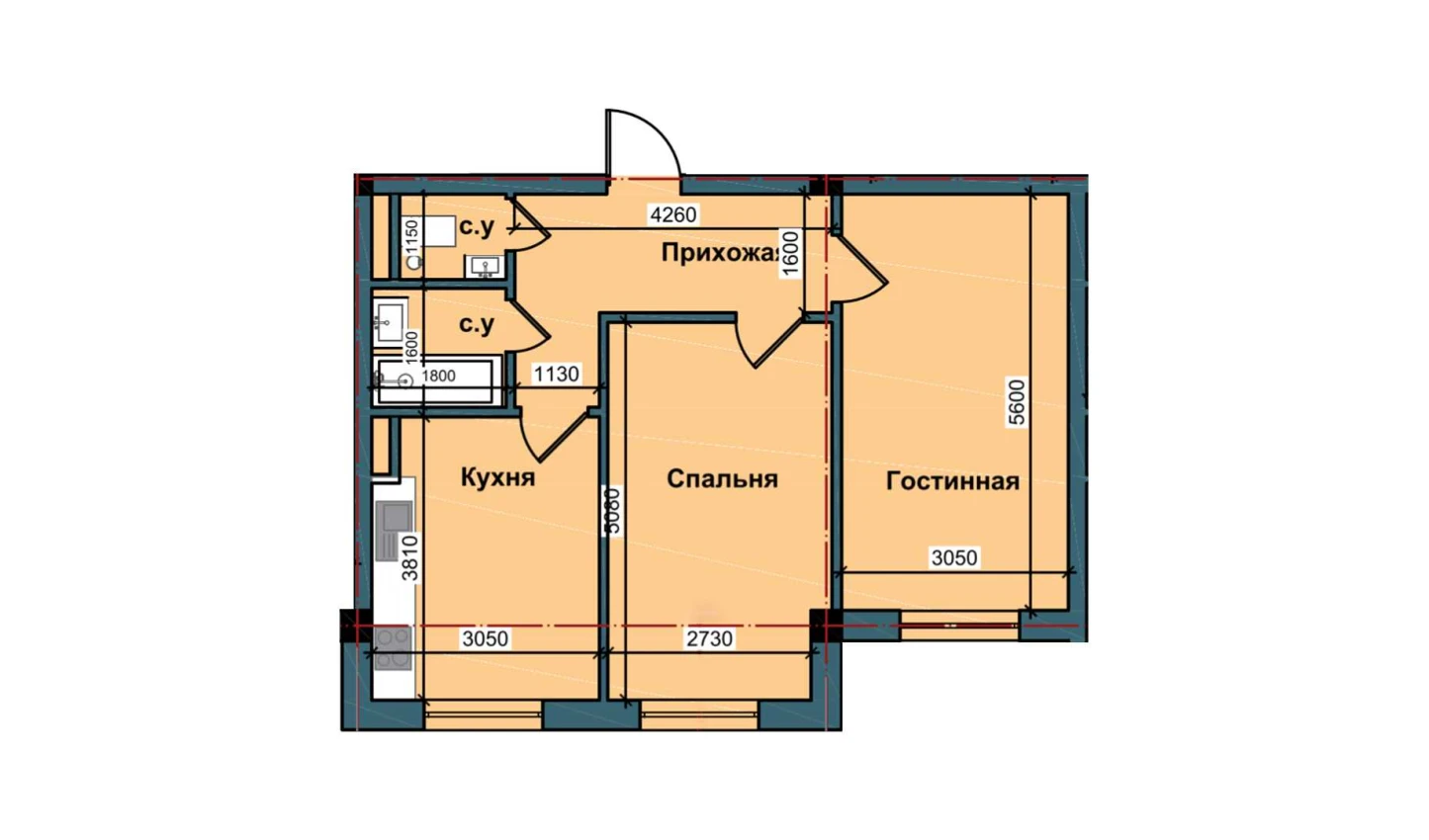 2-xonali xonadon 59.4 m²  1/9 qavat | NUR BARAKA Turar-joy majmuasi