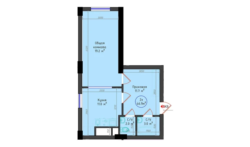 2-комнатная квартира 46.9 м²  2/25 этаж | Жилой комплекс Brilliant City