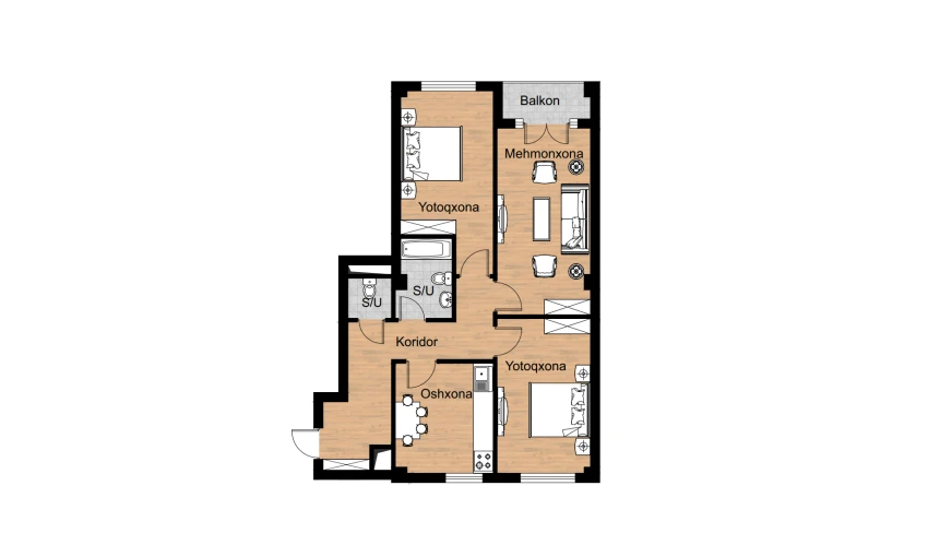 3-xonali xonadon 81.97 m²  7/16 qavat | Musaffo Turar-joy majmuasi