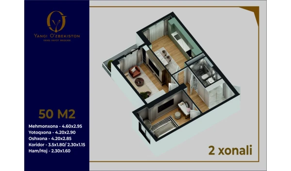 2-xonali xonadon 50 m²  2/9 qavat | Yangi O'zbekiston Turar-joy majmuasi