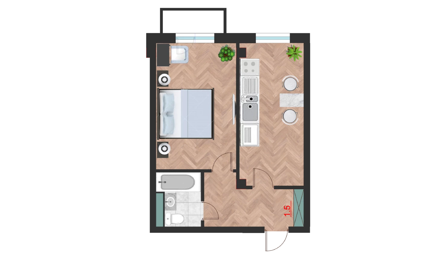 1-xonali xonadon 46.18 m²  6/10 qavat | Ko'kcha-Oqtepa Turar-joy majmuasi
