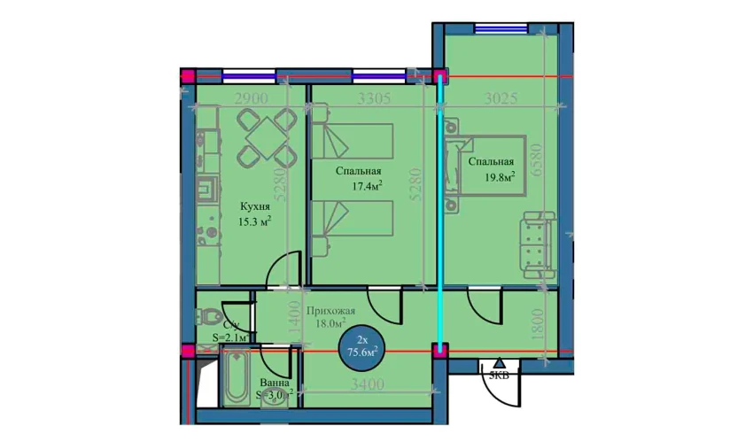 2-xonali xonadon 75.6 m²  11/14 qavat | Zamin Urgut Turar-joy majmuasi