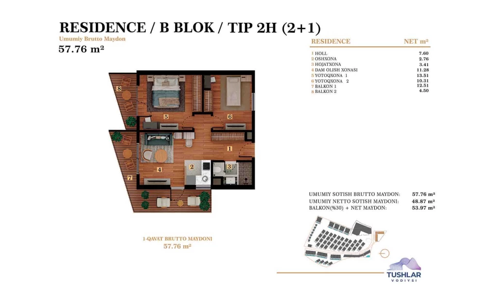 3-xonali xonadon 53.97 m²  2/6 qavat | TUSHLAR VODIYSI Turar-joy majmuasi