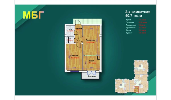 2-комнатная квартира 40.7 м²  5/9 этаж | Жилой комплекс MBG