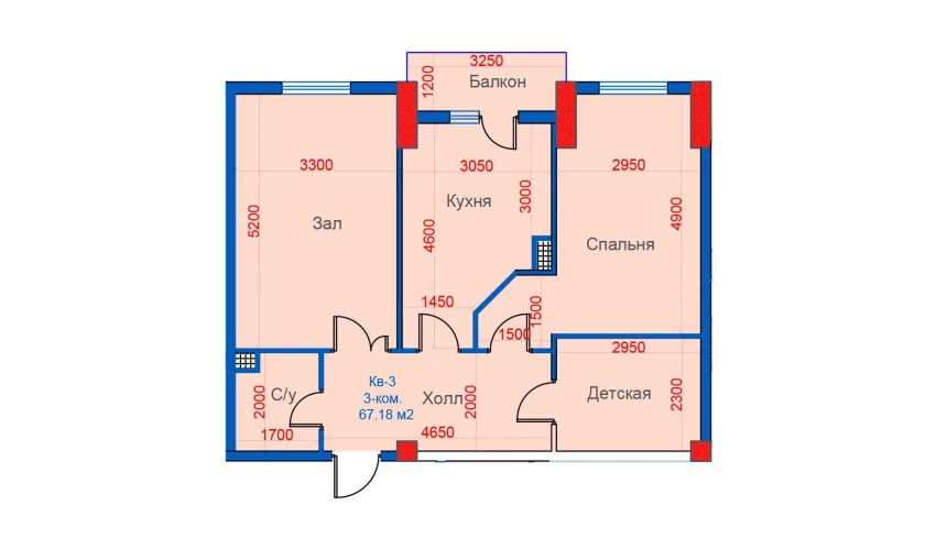 3-xonali xonadon 67.18 m²  9/12 qavat | Sokin city Turar-joy majmuasi