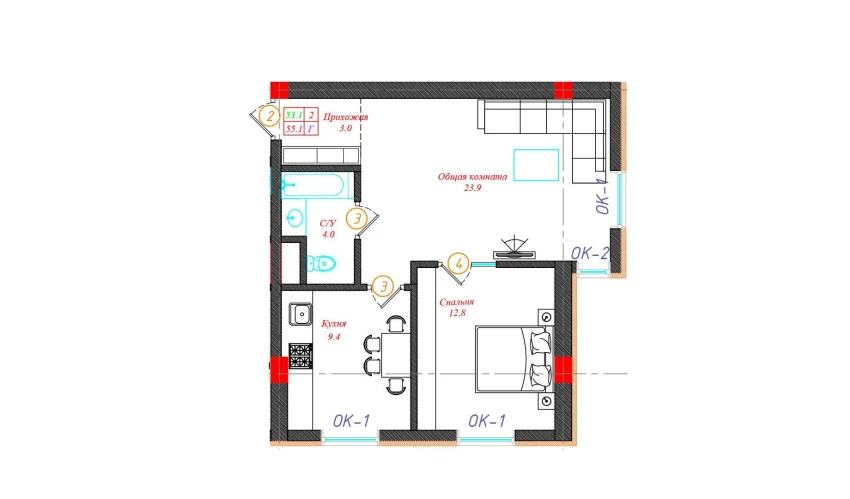 2-комнатная квартира 55.1 м²  1/12 этаж | Жилой комплекс CHINARA PARK