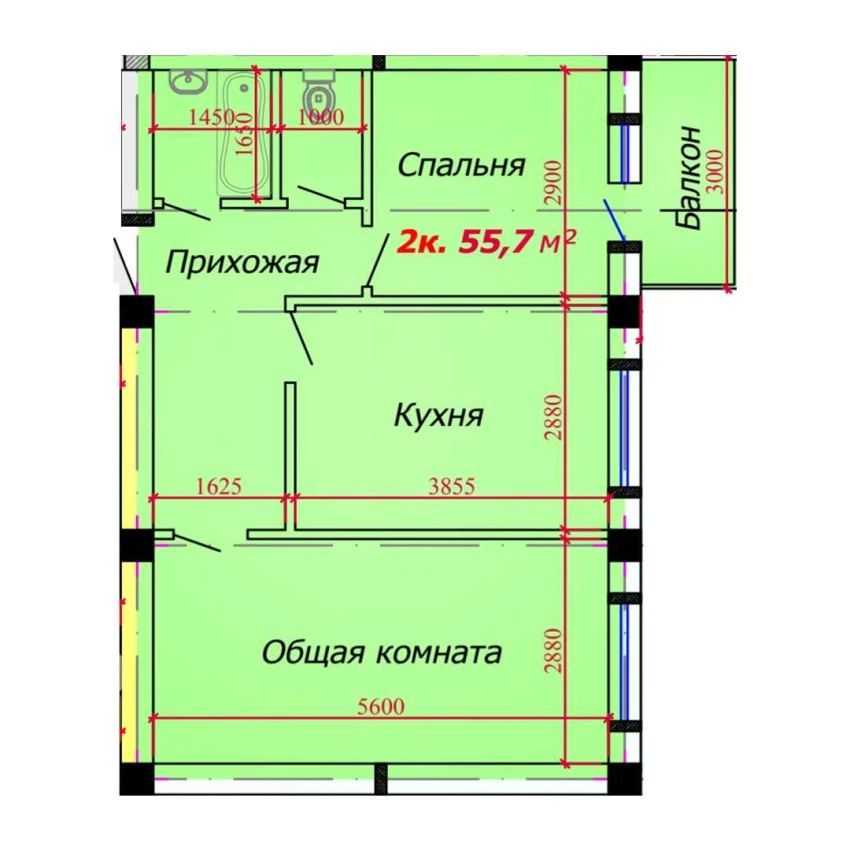 2-комн. квартира 55.7 м²  7/9 этаж | Жилой комплекс VATAN