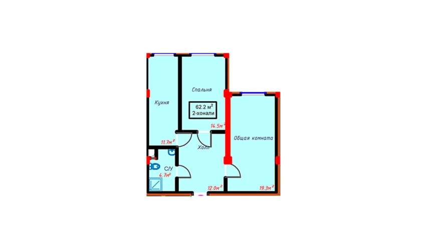 2-xonali xonadon 62.2 m²  1/10 qavat | Turon Turar-joy majmuasi