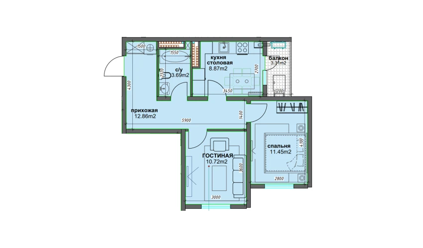 2-комнатная квартира 49.24 м²  7/16 этаж | Жилой комплекс BASHKENT