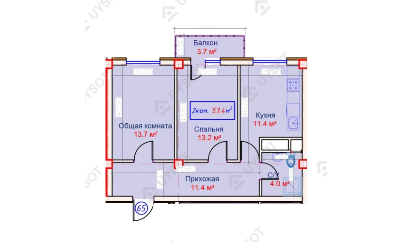 2-комнатная квартира 57.4 м²  3/9 этаж | Жилой комплекс QASHQADARYO