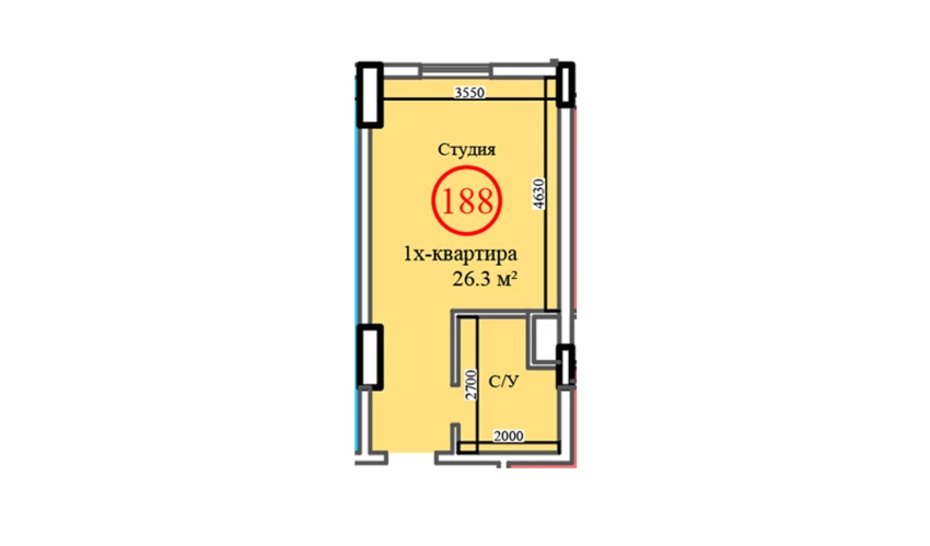 1-комнатная квартира 26.3 м²  12/14 этаж | Жилой комплекс Al-Barakat