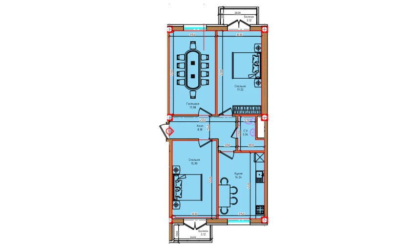 3-xonali xonadon 83.2 m²  7/8 qavat | Markaz Turar-joy majmuasi