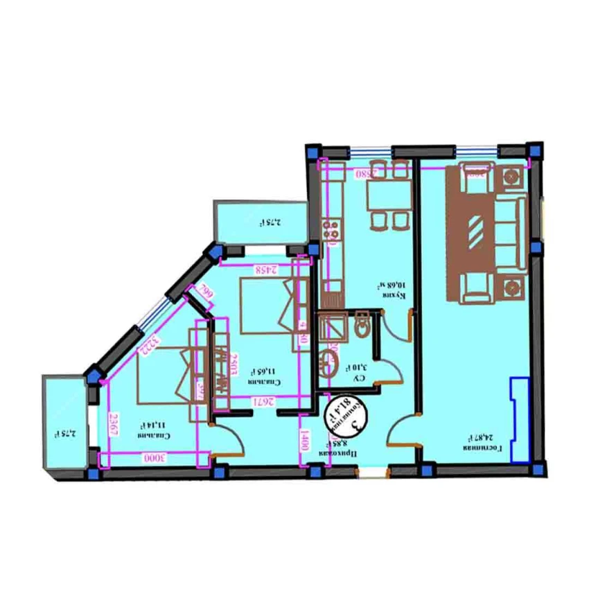 3-xonali xonadon 81.4 m²  3/11 qavat | ANHOR AVENUE Turar-joy majmuasi