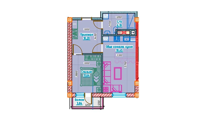 2-комнатная квартира 47.47 м²  3/13 этаж | Жилой комплекс Al-Qasr