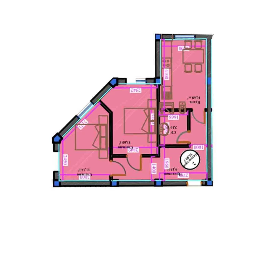 2-комн. квартира 51 м²  2/11 этаж | Жилой комплекс ANHOR AVENUE