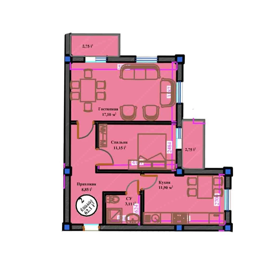 2-комн. квартира 62.1 м²  9/11 этаж | Жилой комплекс ANHOR AVENUE