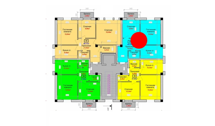 2-xonali xonadon 48.57 m²  2/6 qavat | Taqachi Turar-joy majmuasi