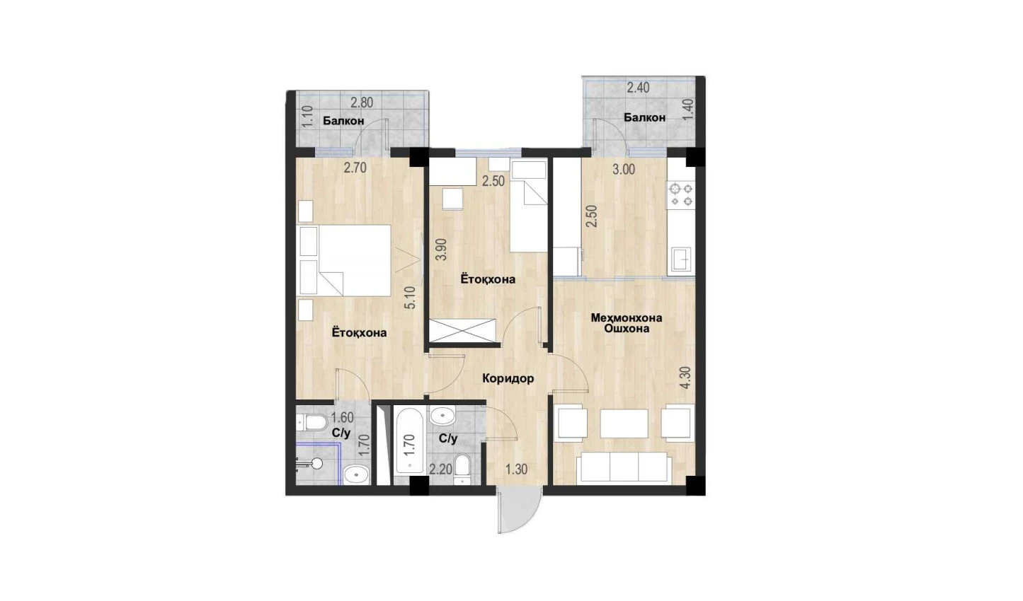 3-xonali xonadon 61.99 m²  5/7 qavat | Bochka Resort Turar-joy majmuasi