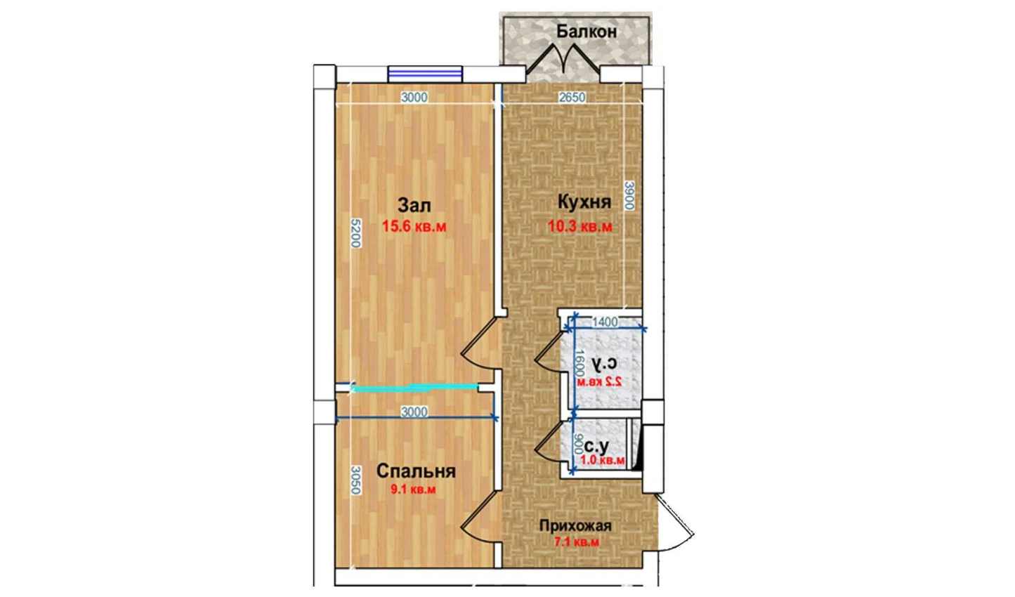 2-xonali xonadon 44.1 m²  2/6 qavat | MBG Turar-joy majmuasi
