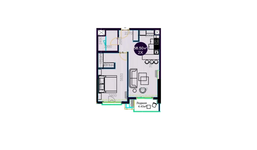 2-комнатная квартира 58.5 м²  10/22 этаж | Жилой комплекс Central Avenue