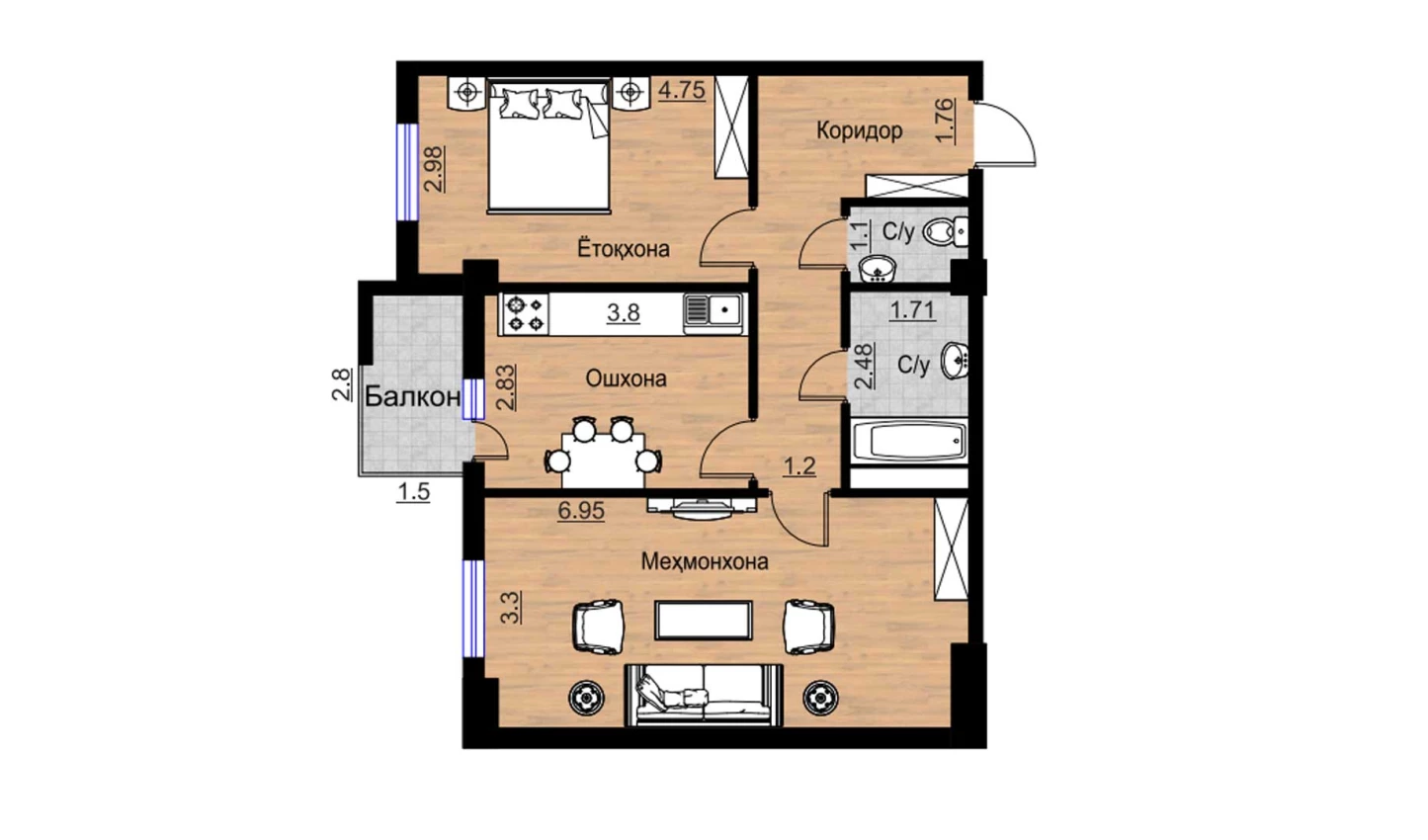 2-xonali xonadon 74.75 m²  13/16 qavat | BRILLIANT Turar-joy majmuasi
