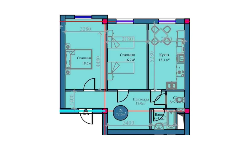 2-xonali xonadon 72.6 m²  11/14 qavat | Zamin Urgut Turar-joy majmuasi