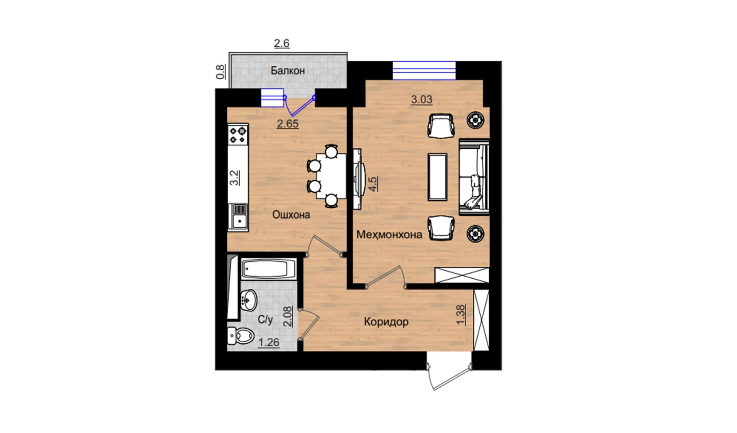 1-xonali xonadon 38.47 m²  4/5 qavat | QIZILTEPA Turar-joy majmuasi