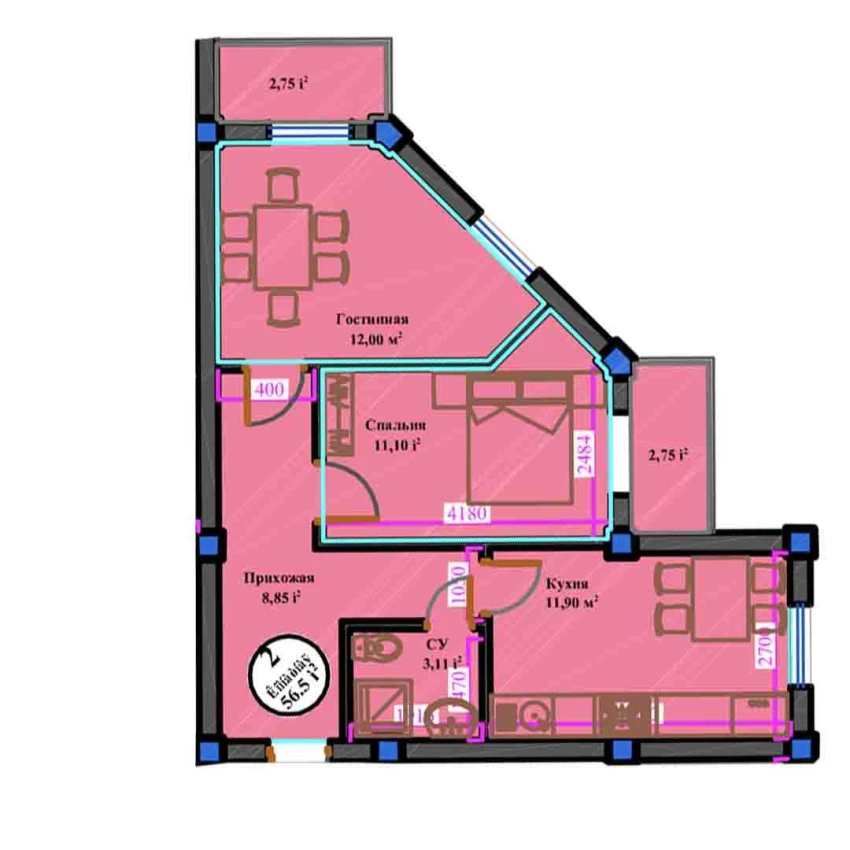 2-комн. квартира 56.5 м²  7/11 этаж | Жилой комплекс ANHOR AVENUE