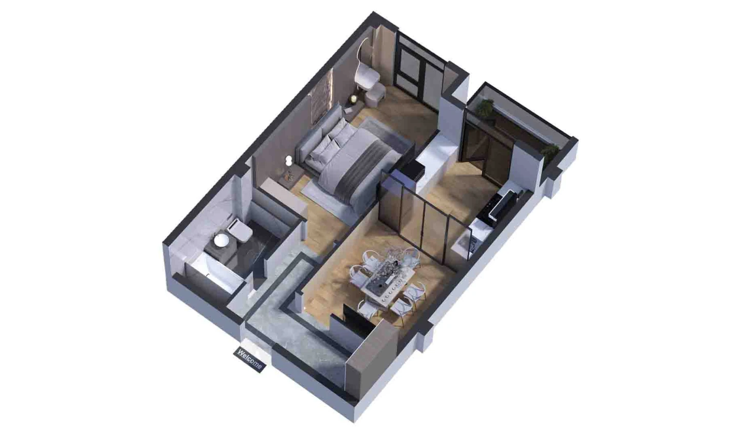 2-xonali xonadon 46.61 m²  4/7 qavat | Bochka Resort Turar-joy majmuasi