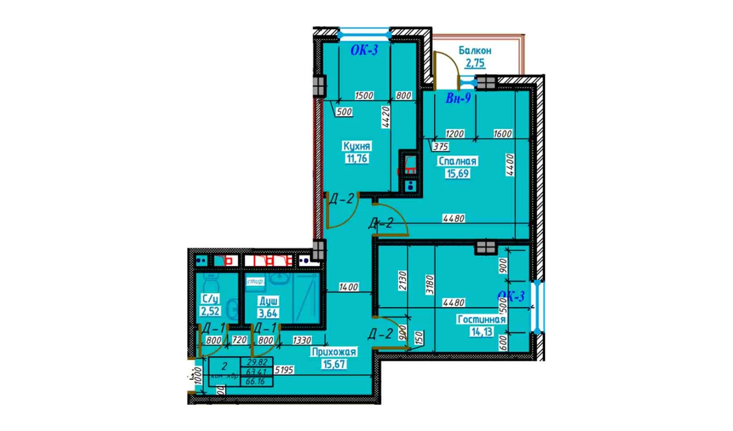2-xonali xonadon 66.1 m²  2/13 qavat | Bog'dod City Turar-joy majmuasi