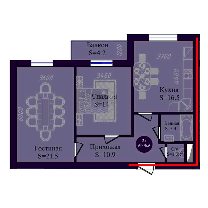 2-комн. квартира 69.5 м²  3/8 этаж | Жилой комплекс Navruz Avenue