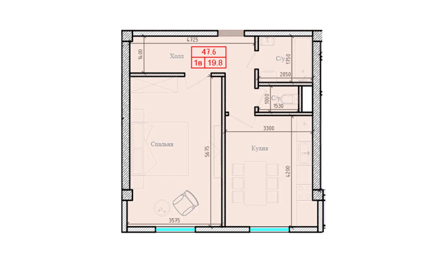1-xonali xonadon 47.6 m² 5/7 qavat | Gulbadanbegim Turar-joy majmuasi 1-xonali xonadon 47.6 m² 5/7 qavat | Gulbadanbegim Turar-joy majmuasi