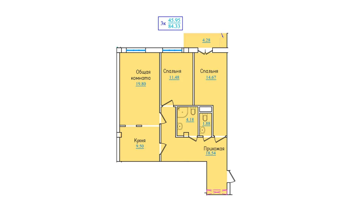 3-xonali xonadon 84.33 m²  7/9 qavat | PROVANS Turar-joy majmuasi