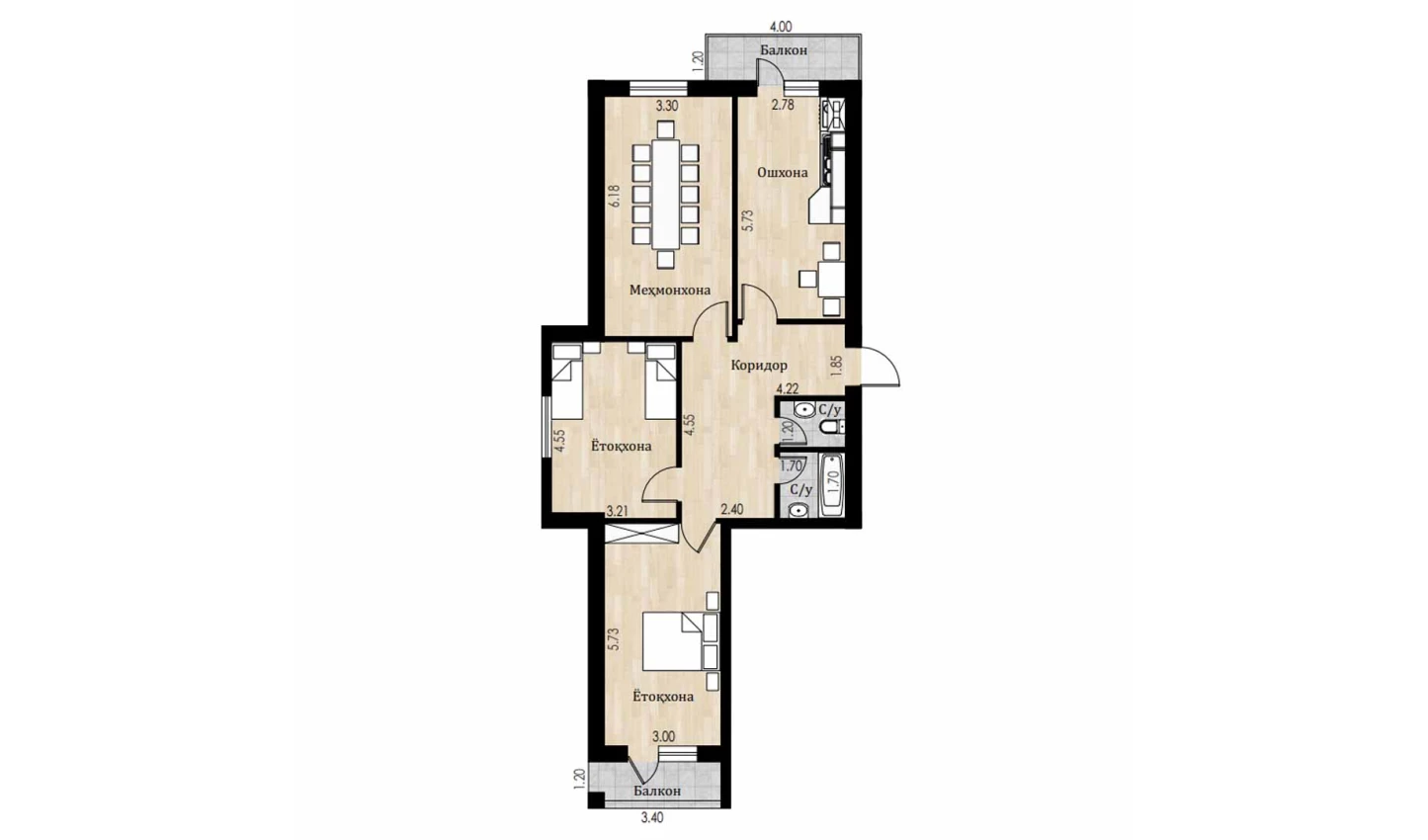 3-комн. квартира 99.6 м²  3/8 этаж | Жилой комплекс Mustaqillik Avenue