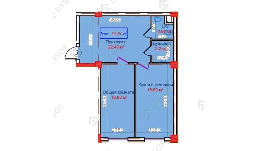 1-комнатная квартира 63.75 м²  1/9 этаж | Жилой комплекс QASHQADARYO