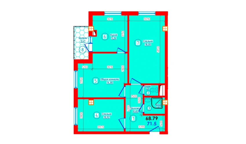 3-комнатная квартира 71.5 м²  9/12 этаж | Жилой комплекс S-Tower