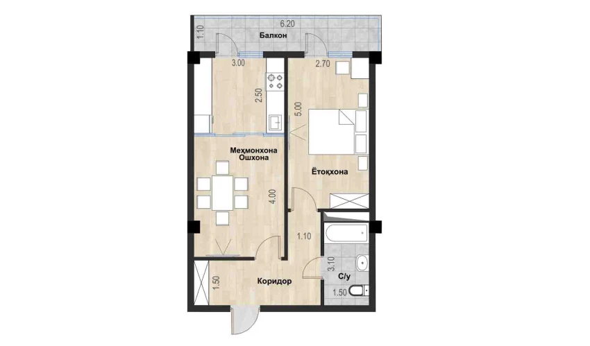 2-xonali xonadon 52.69 m²  4/7 qavat | Bochka Resort Turar-joy majmuasi