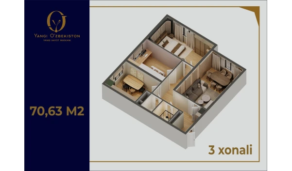 3-xonali xonadon 70.63 m²  3/9 qavat | Yangi O'zbekiston Turar-joy majmuasi