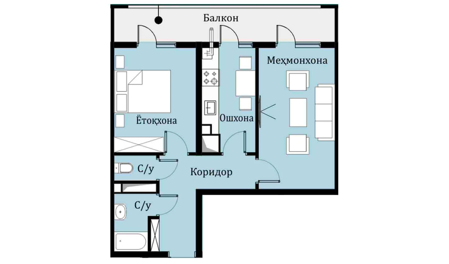 2-xonali xonadon 45.9 m²  4/16 qavat | SOKIN DIYOR Turar-joy majmuasi
