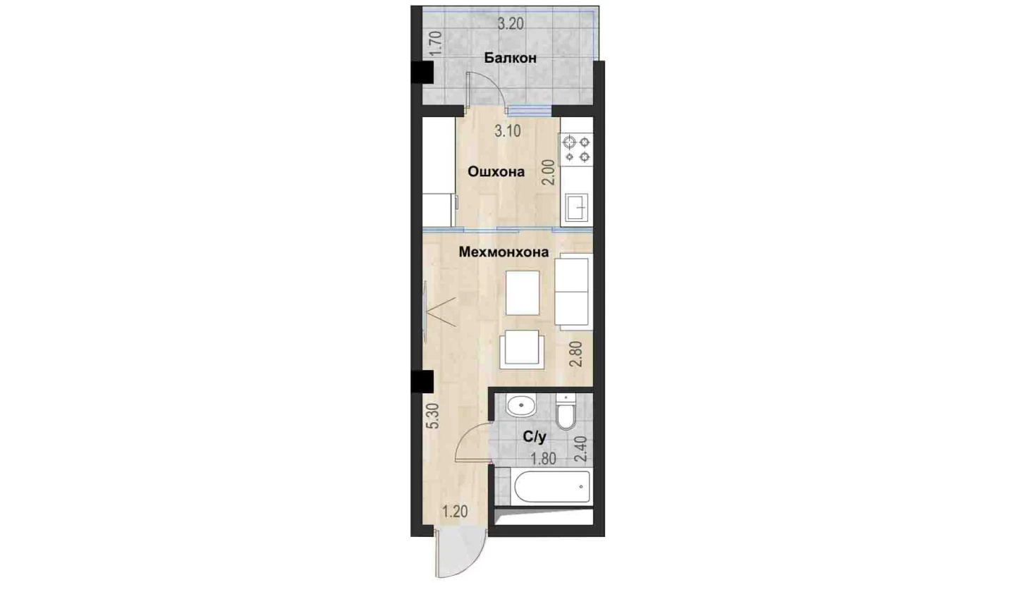 1-xonali xonadon 55.49 m²  7/7 qavat | Bochka Resort Turar-joy majmuasi