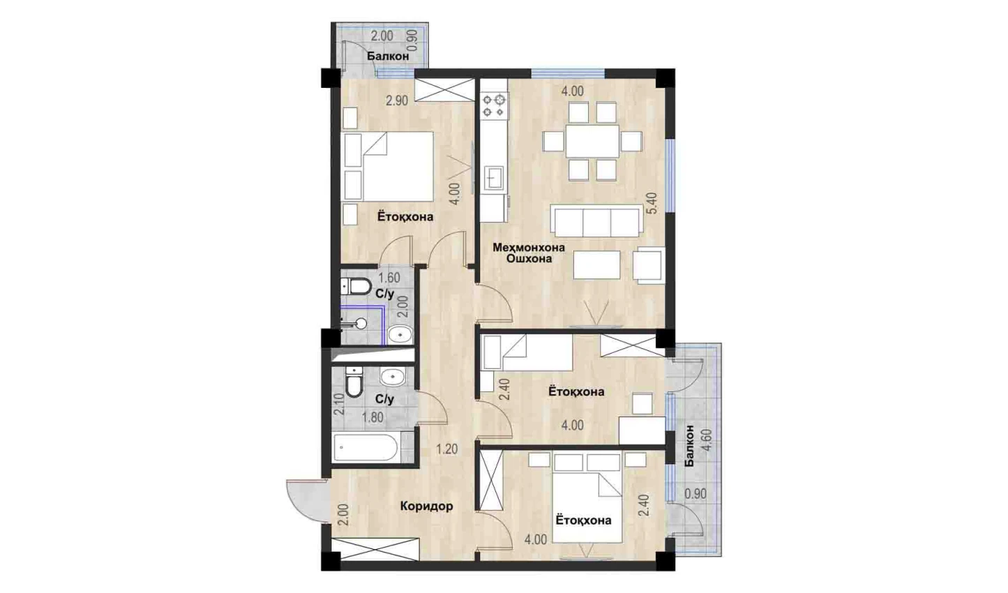 4-xonali xonadon 76.47 m²  3/7 qavat | Bochka Resort Turar-joy majmuasi