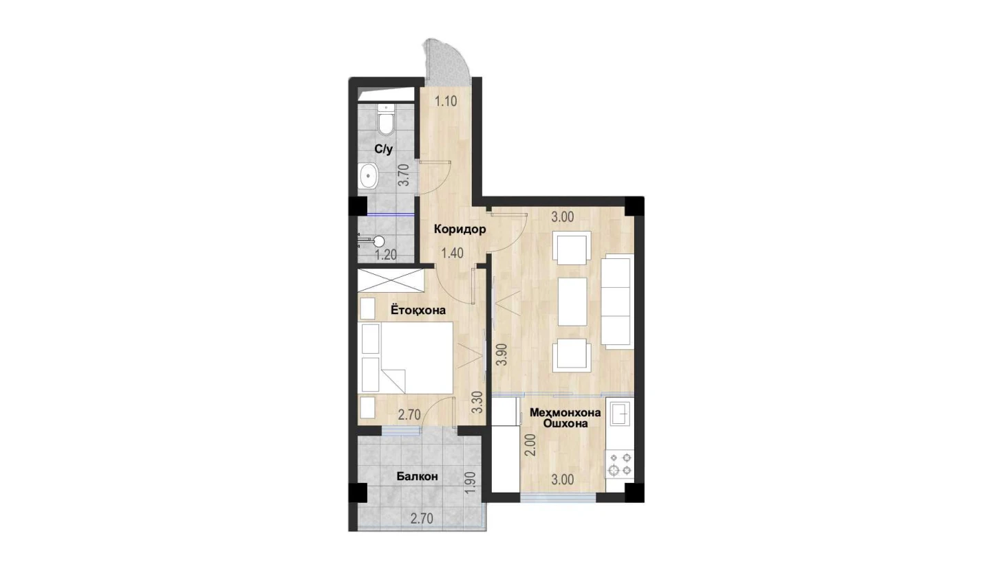 1-xonali xonadon 40.39 m²  6/7 qavat | Bochka Resort Turar-joy majmuasi
